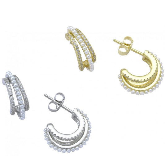 Triple Zircons & Pearls Hoop Earrings