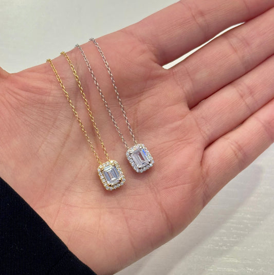 Emerald Cut Halo Pendant Necklace