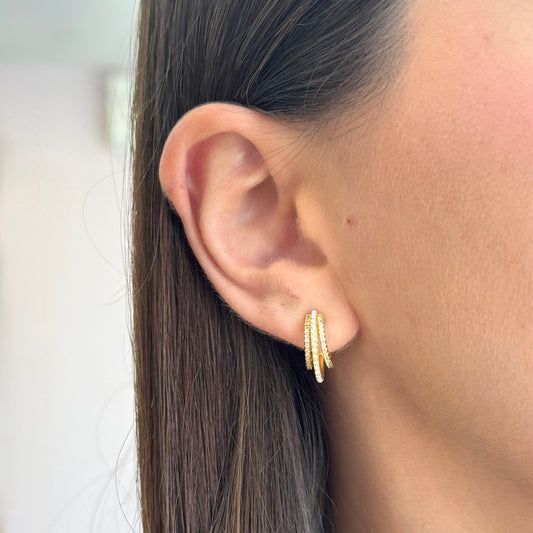 Triple Zircons & Pearls Hoop Earrings